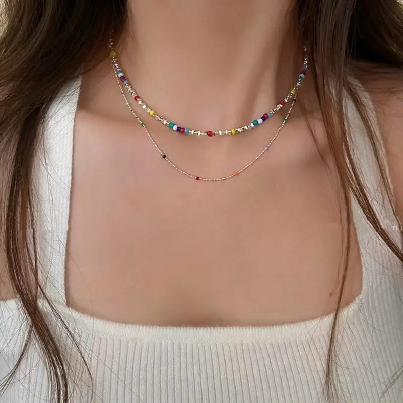31BF Contemporary Layer Bead Necklace Mixing Colored Beads and Metallic Styles