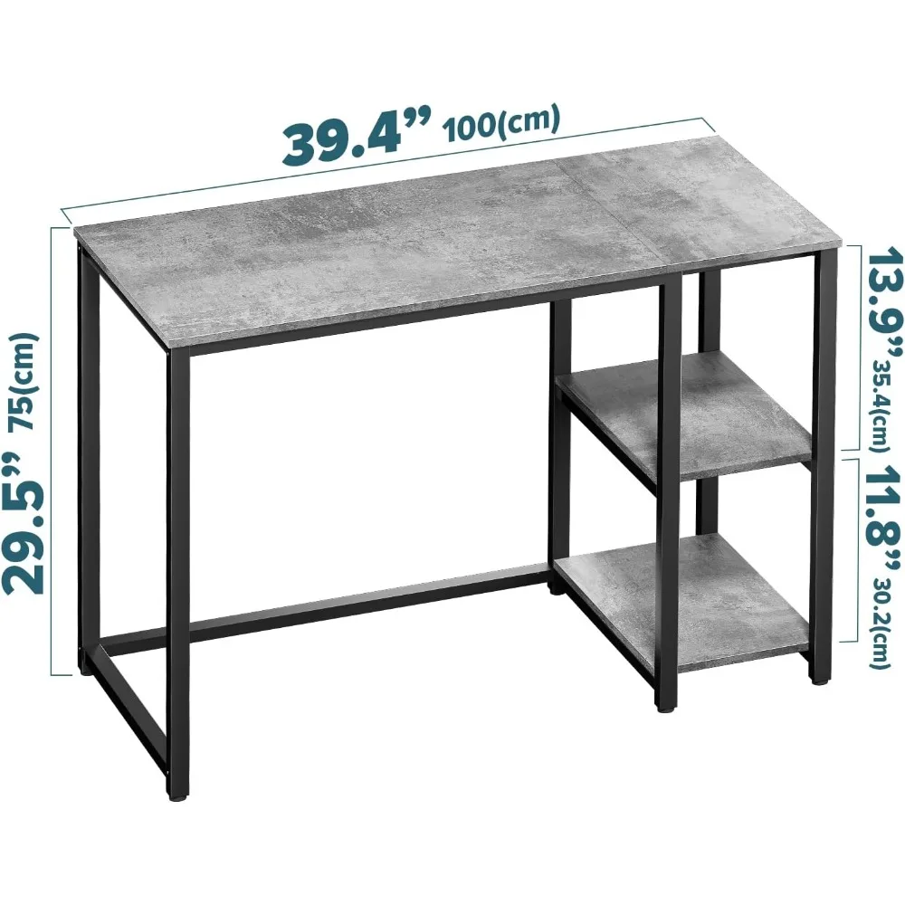 Modern Gaming and Study Desk 40 inches Grey with 2-Tier Shelves, Large Storage Space for Writing and Gaming