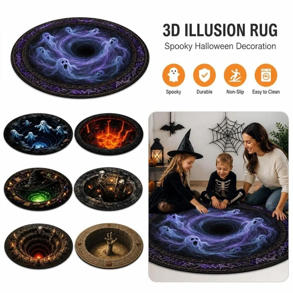 Crystal Velvet Halloween Area Rug Horror Pattern Anti-Slip Round Carpet Atmosphere Decoration Soft Optical Illusion Rug
