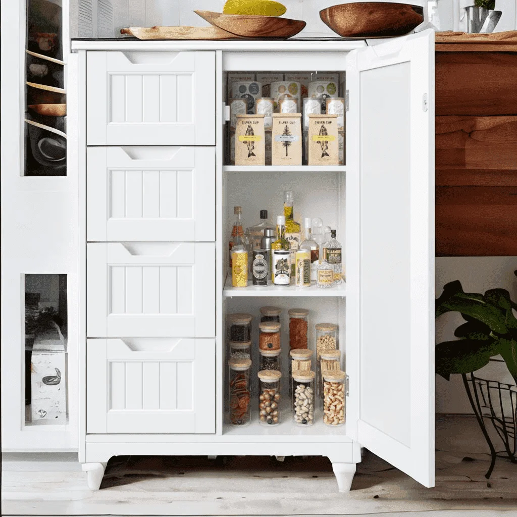 

Pantry Storage Cabinet, 33" White Wood Kitchen Pantry Storage Cabinet with 4 Drawers, 1 Door and 3 Shelves for Dining