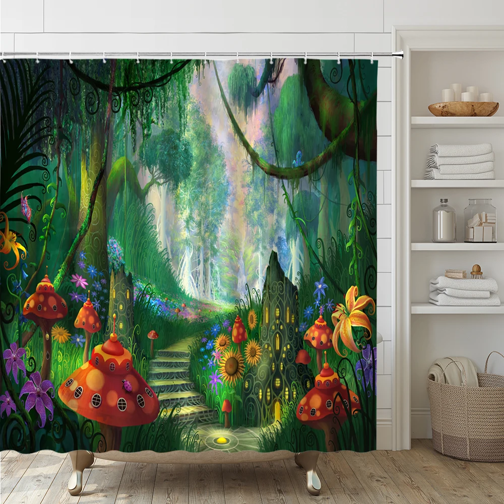 Fantasy Scenery Bathroom Set with Shower Curtain Rug Bath Mat Toilet Cover Magic Forest Mushroom Waterproof Cloth Bath Curtains