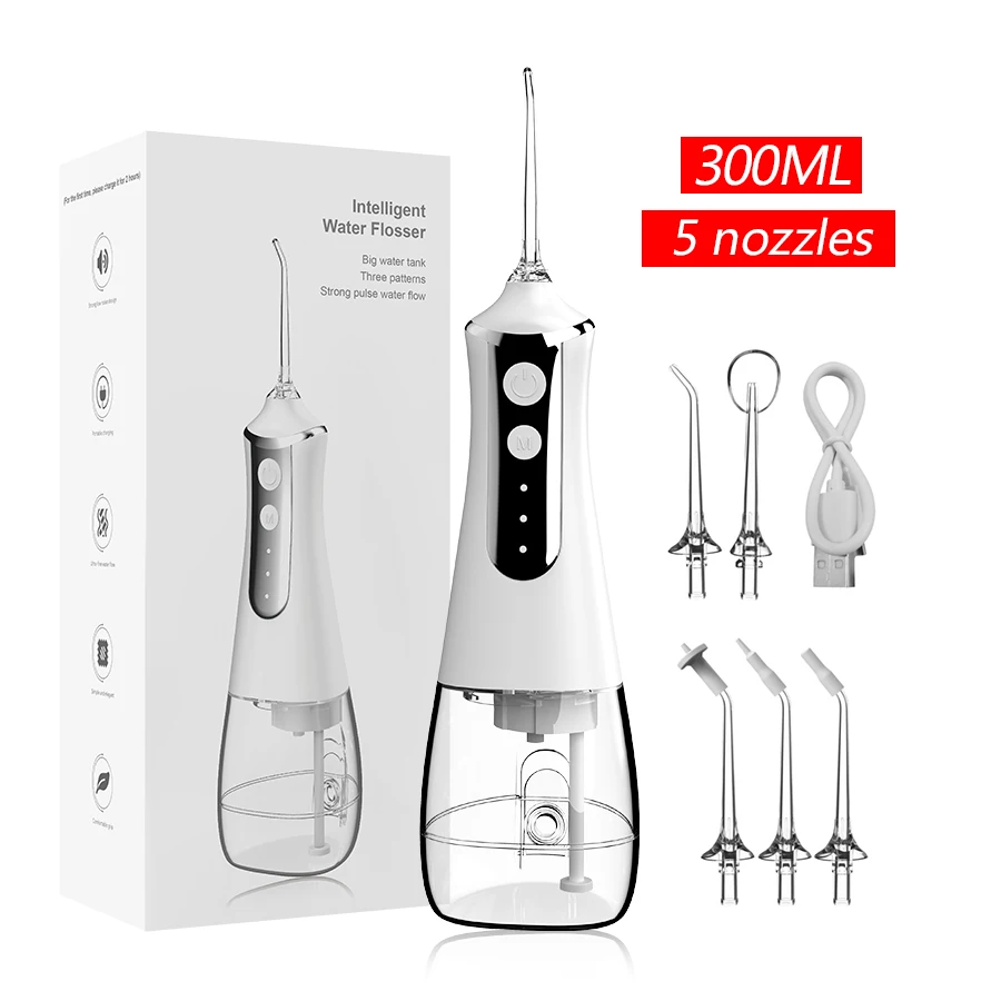 Dental Oral Irrigator Water Flosser Thread Teeth Pick Mouth Washing Machine 5 Nozzels 3 Modes USB Rechargeable 300ml Tank