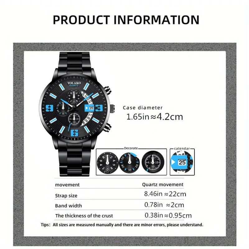 Stylish Black Stainless Steel Quartz Watch with Calendar Function - Perfect for Business - Includes Gift Box