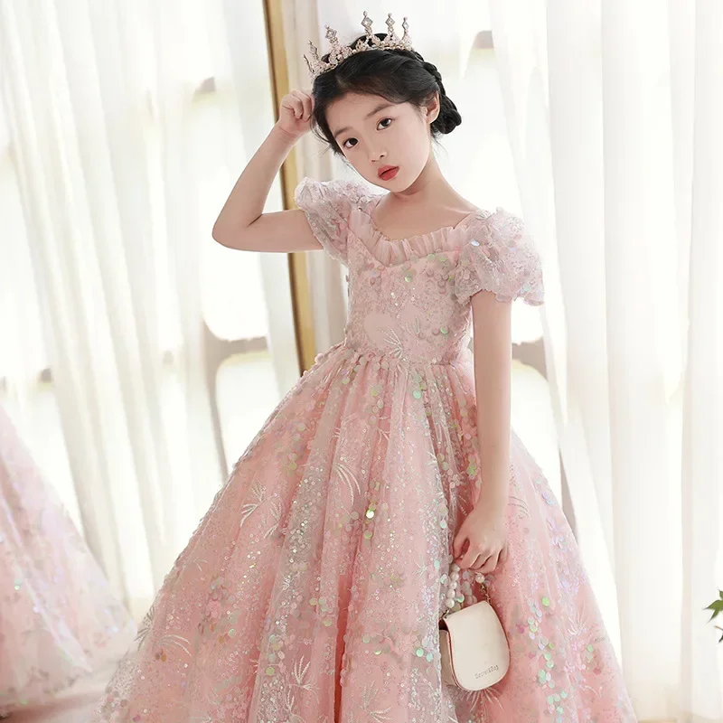 Robes de soirée pour enfants, longues robes de princesse en dentelle brodée, robes de bal formelles élégantes pour filles de 3 à 15 ans, vêtements de Banquet d'anniversaire