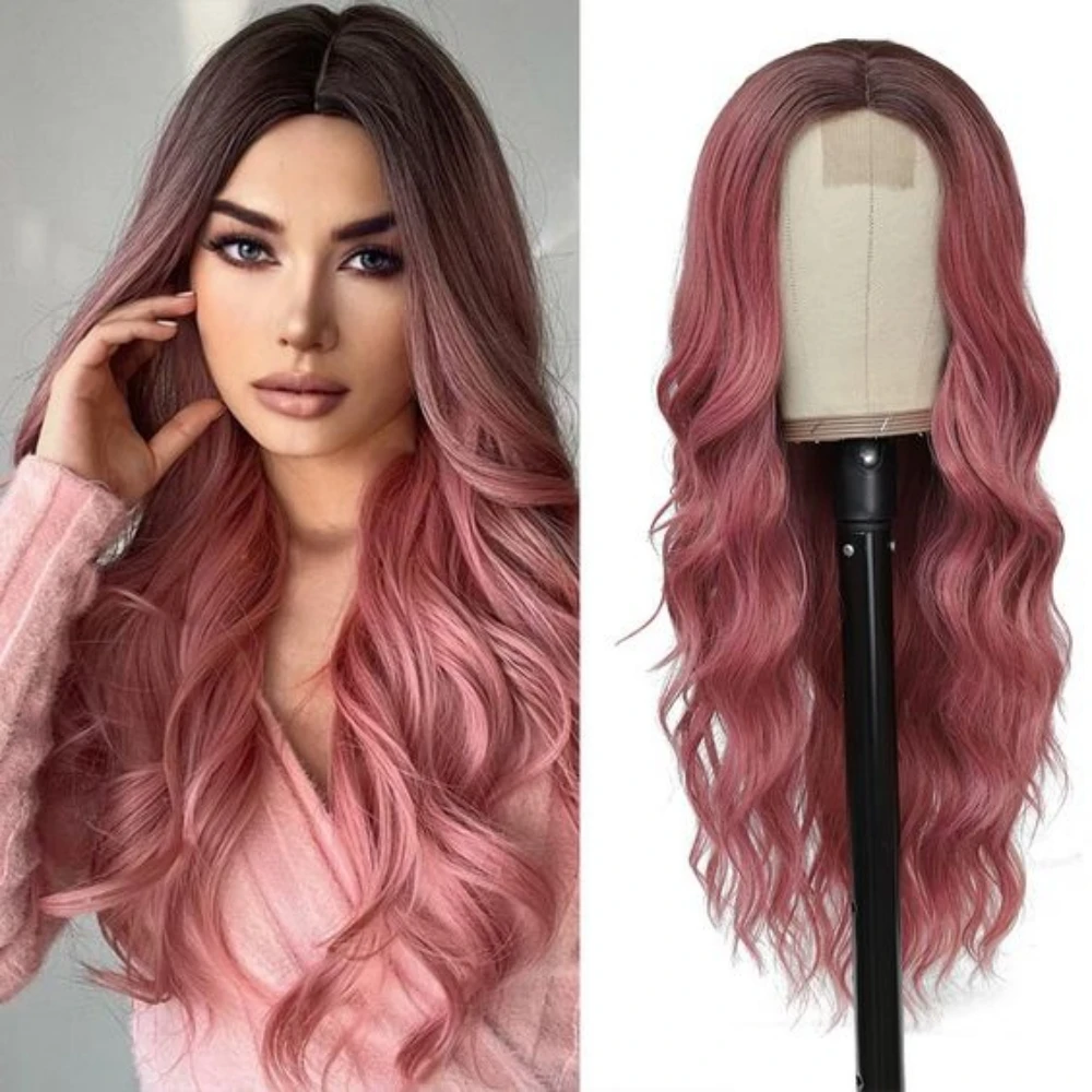 

Pink Ombre Synthetic Wigs Hairline Lace Frontal Hair Natural Long body wavy Wigs for Women Daily Party Wear Heat Resistant Fiber