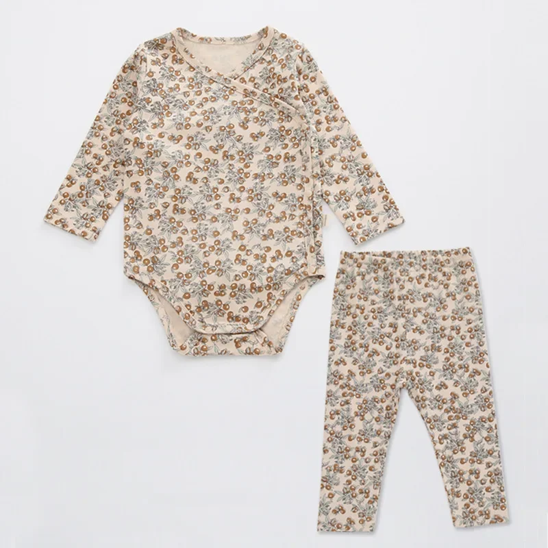 Bodysuit bebê menino e menina manga comprida, macacão recém-nascido, top e calça, conjunto de roupas estampadas, outono, inverno, 0-24m, 2 peças