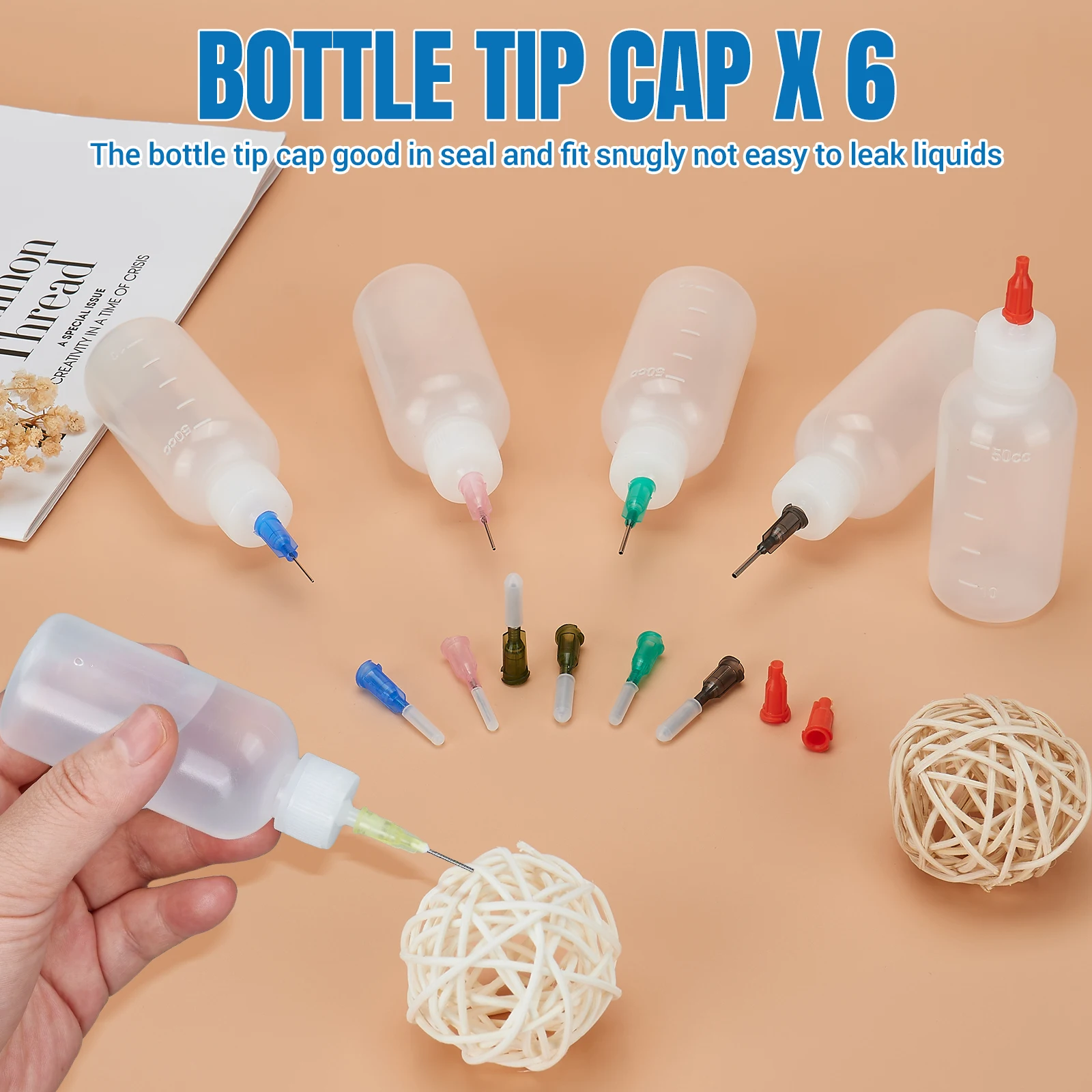 6 Stück 50 ml Kleber-Applikatorflaschen, zusammendrückbare Kunststoff-Flüssigkeitsflasche mit stumpfer Nadelspitze, 14 G, 20 G, zum Basteln, Heimwerken und Reparieren – Detail 3