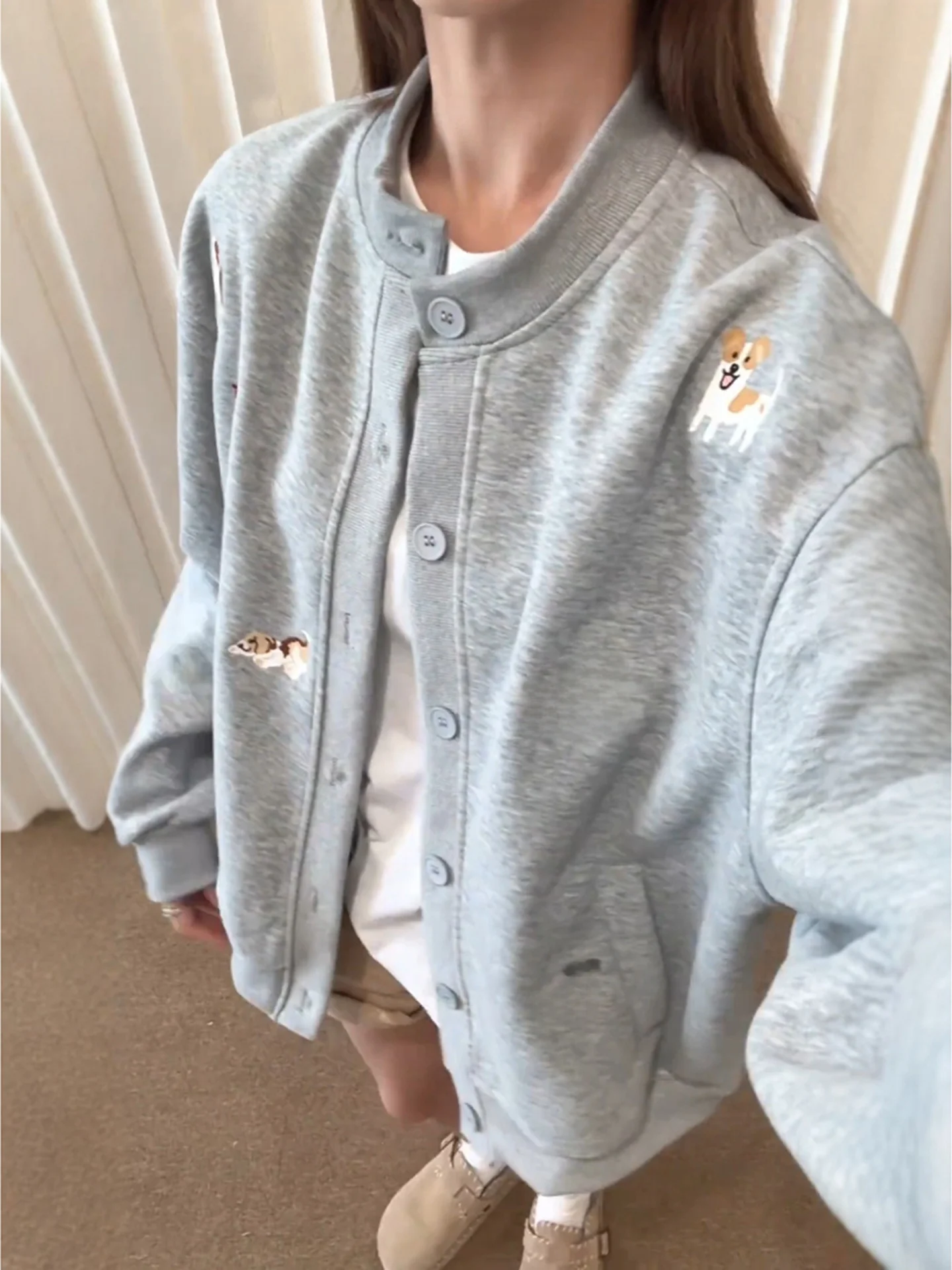 

Куртка-кардиган Lazy Sle с вышивкой в виде собаки, повседневная, свободного кроя, в американском стиле, для пар, молодежная, весенне-осенняя