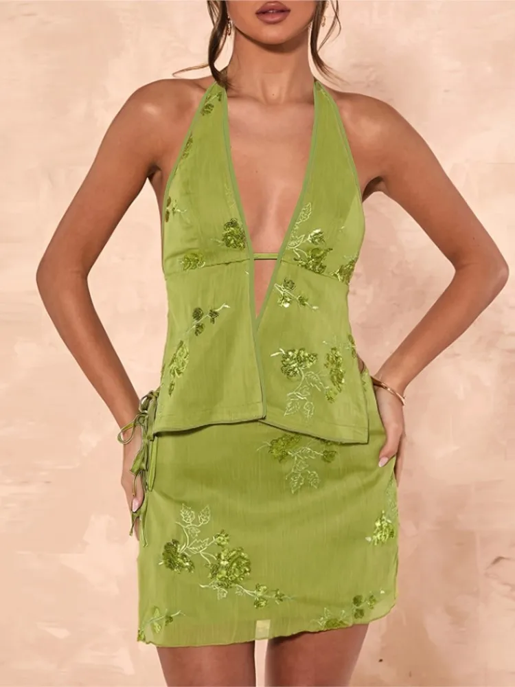 Conjunto elegante de dos piezas, vestidos para mujer, Tops con tirantes finos y minifaldas ajustadas, ropa de calle sexi para discoteca, traje a juego