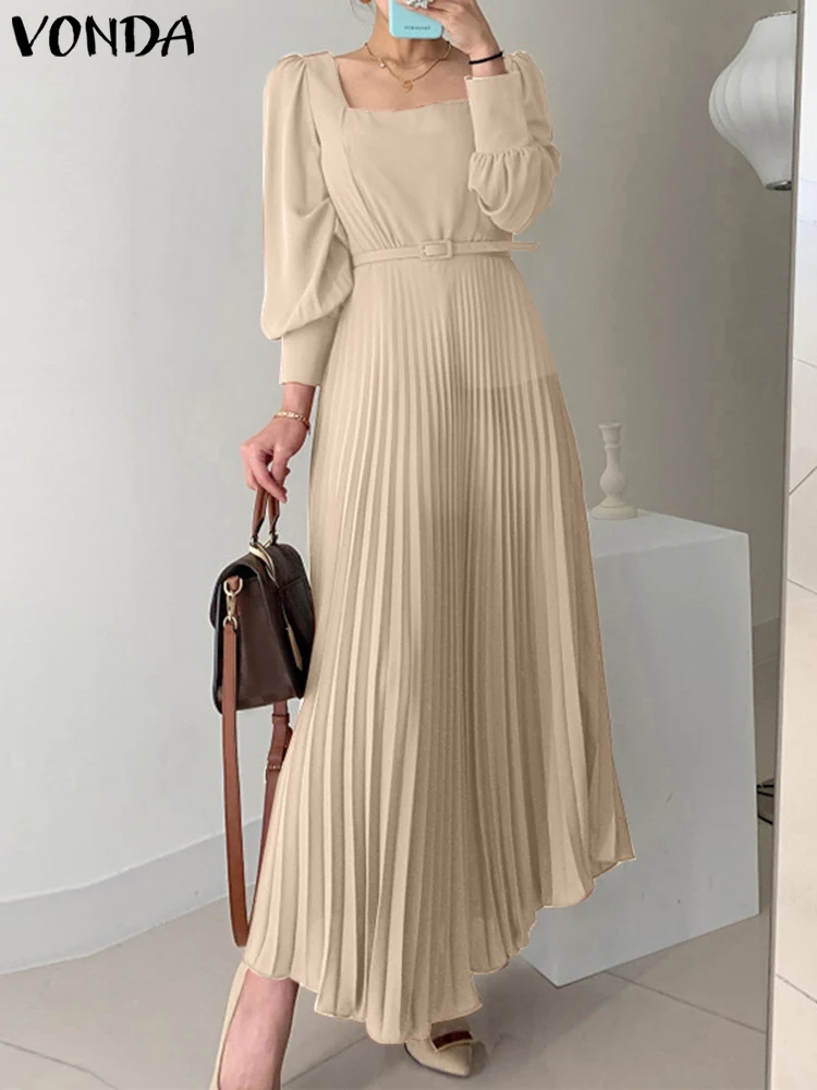 Elegant Long Lantern Sleeve Dress VONDA 2023 Fashion Women Sexy Square Collar Pleated Long Dresses Belted Solid Maxi Robe Femme