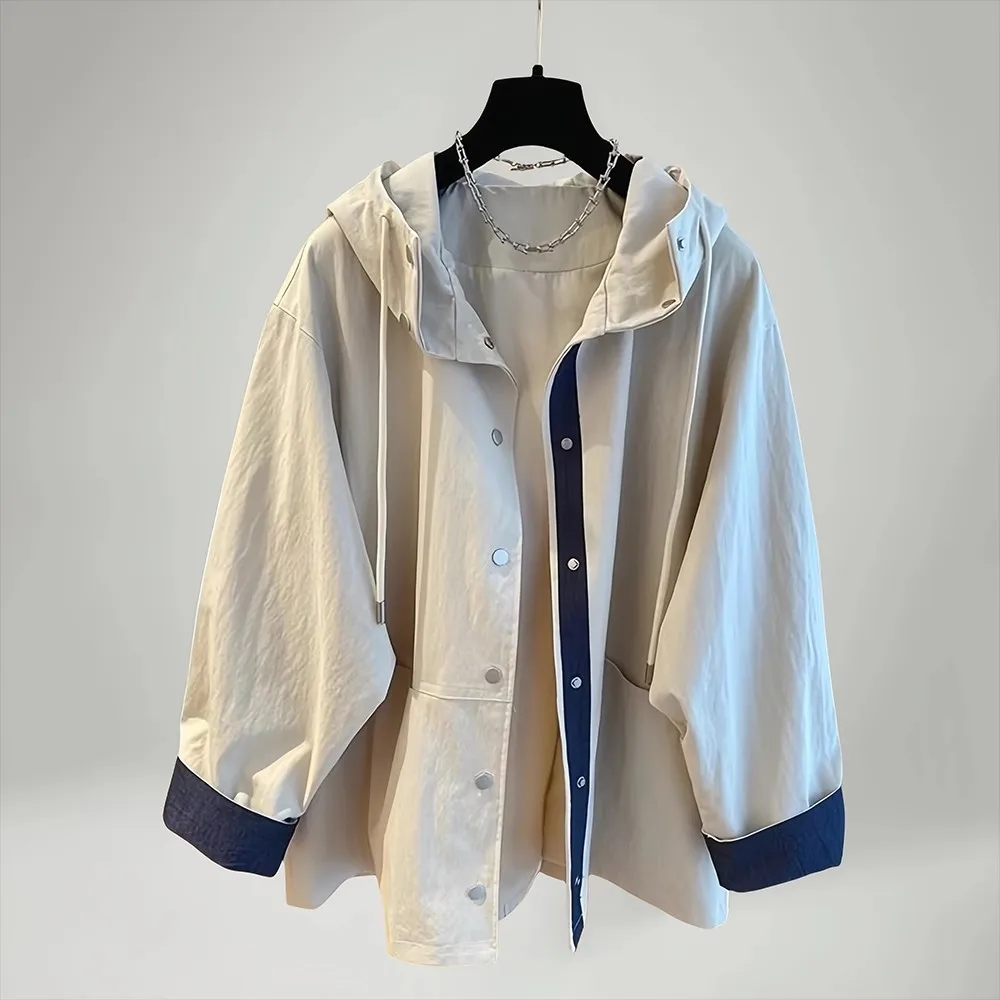 

Faionable Color Blo Hooded Coat Women's Loose Slimming High-End Large Size Trendy Jaet Korean Sle Casual Polyester