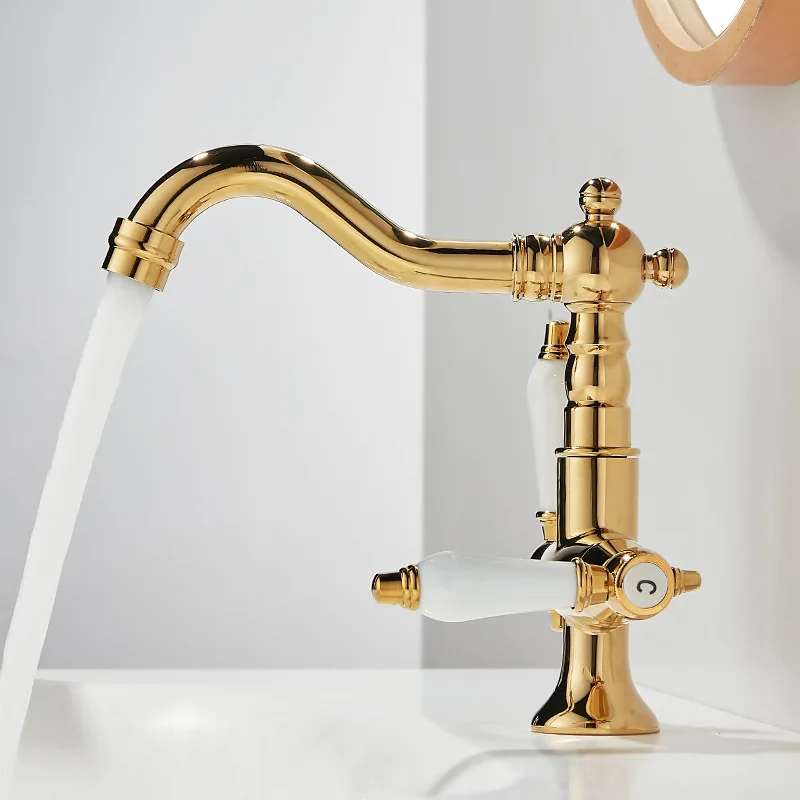 Basin Faucets Gold Brass Bathroom Faucets Industrial Style Sindle Hole Dual Handle Contemporary Water Mixer Tap  85537
