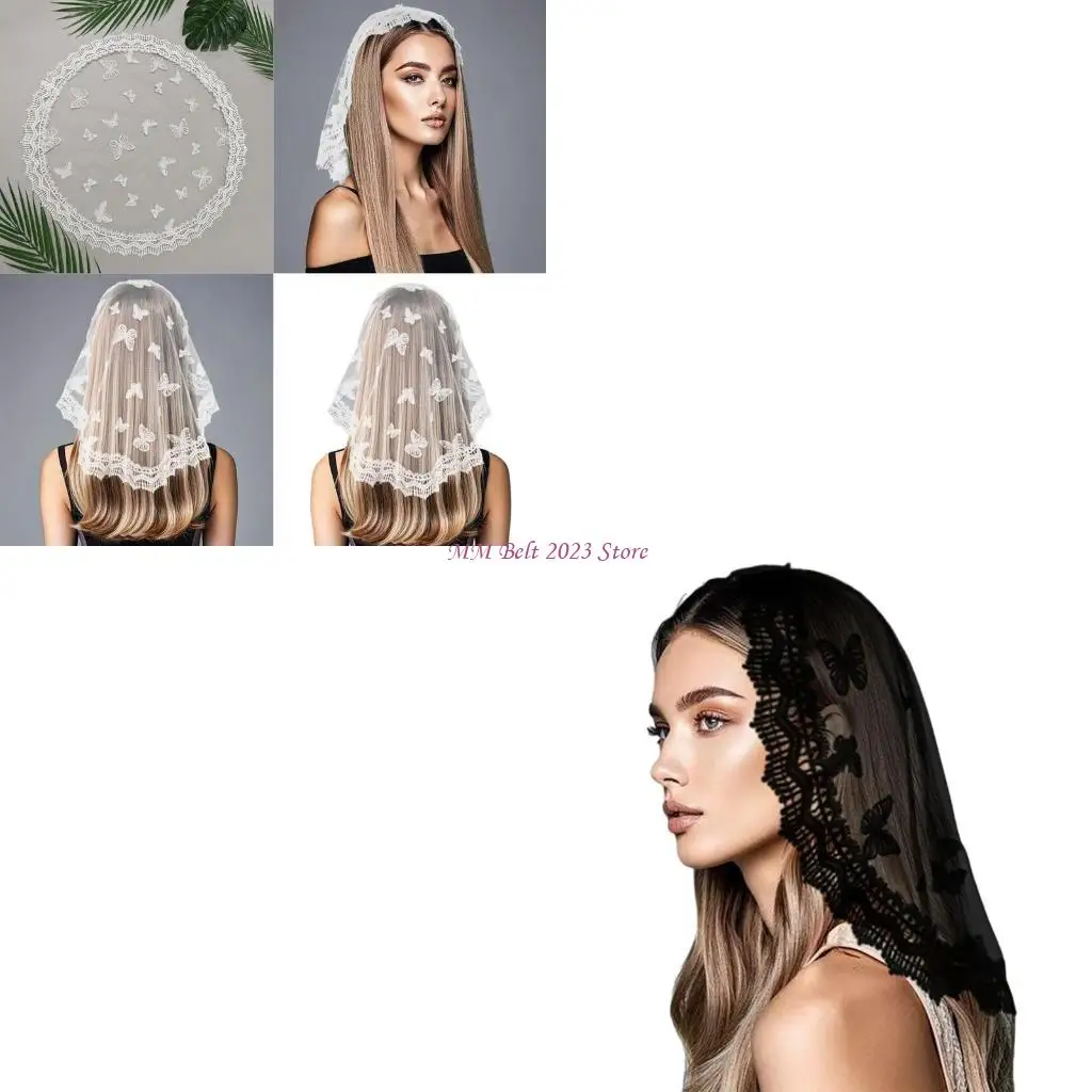 

49ME Женская шаль-мантилья Свадебный церковный шарф с кружевной отделкой Мягкий шарф с цветочным принтом Вуаль Свадебный убор