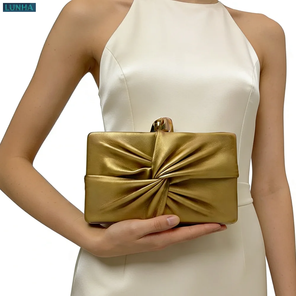Evening Clutch Purse for Women Designer Pleated Knot Box Clutch Bag with Chain Shoulder Strap Hard Case Party Wedding Handbag