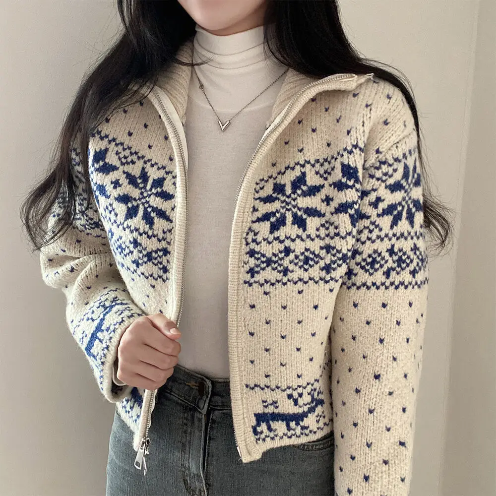 Snowflake Elk Print Christmas Sweater Cardigan Cozy Zip-up Knitted Jumper Jacket Women Teenage Girl Fall Winter Festive Outfit