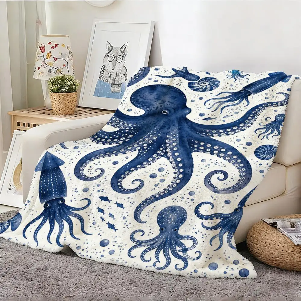 Blue Marine Animals Throw Lightweight Soft Flannel Throw Blanket Skin-friendly Cooling AC Nap Blanket for Sofa Couch Bed