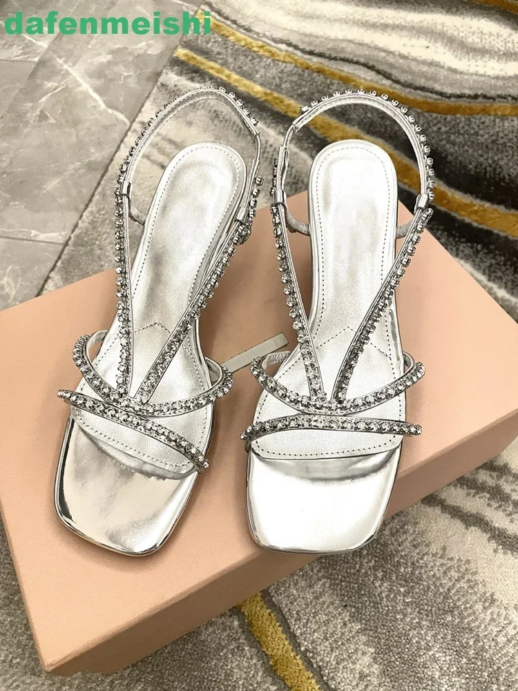 

Rhinestone Bling Bling Sandals Women 2025 Spring Summer New Style Stiletto Open Toe Silver Thin High Heels Casual Sandals