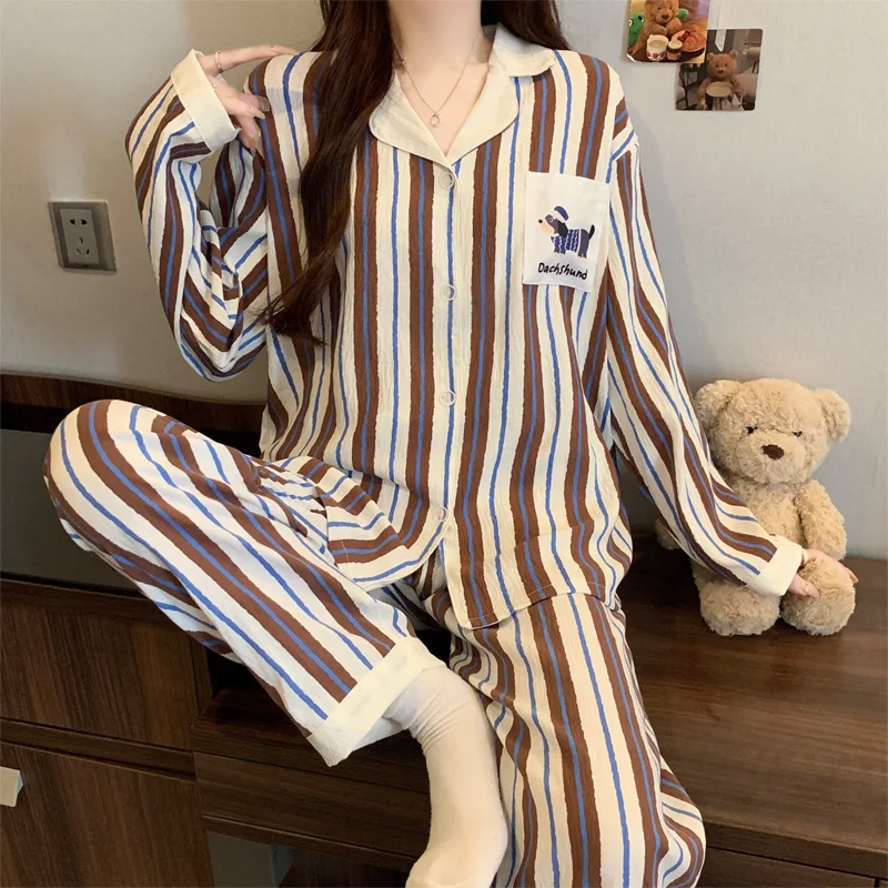 

Женские осенние пижамные комплекты, одежда для сна, корейская одежда с длинными рукавами и лацканами, милая полосатая домашняя одежда с рисунком таксы, женская одежда для отдыха
