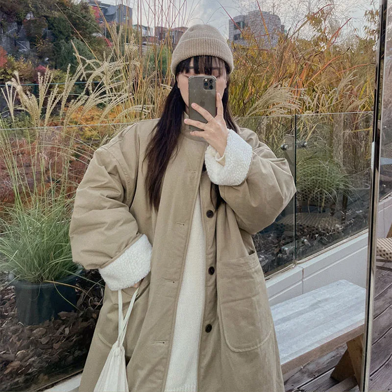 

Chic Winter Thiened Long Lamb Fur Collar Stand-Up Coat Double-Sided Wear Warm Cotton Jaet for Women Commute Sle