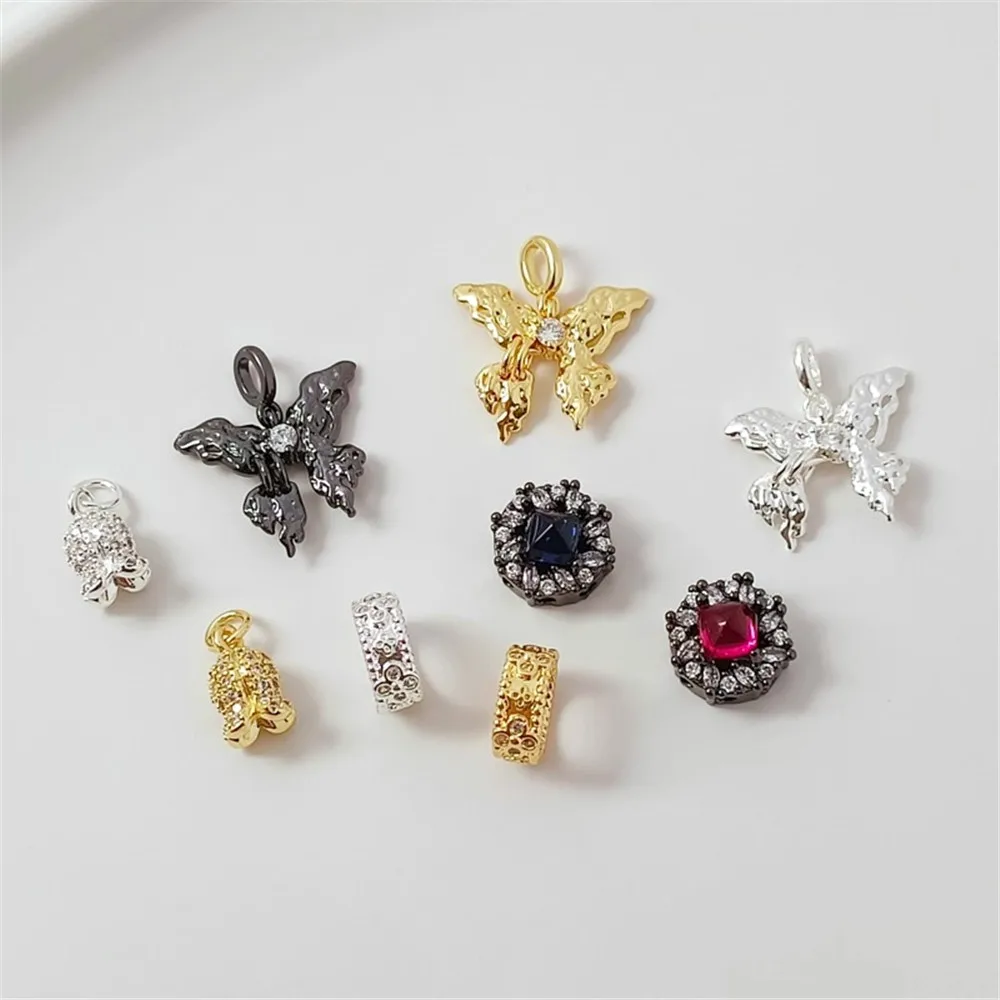 

18K Gold-plated, Zirconium-inlaid Black Flat Beaded Butterfly Bud Pendant Diy Bracelet Running Ring Accessory Handcrafted Jewelr