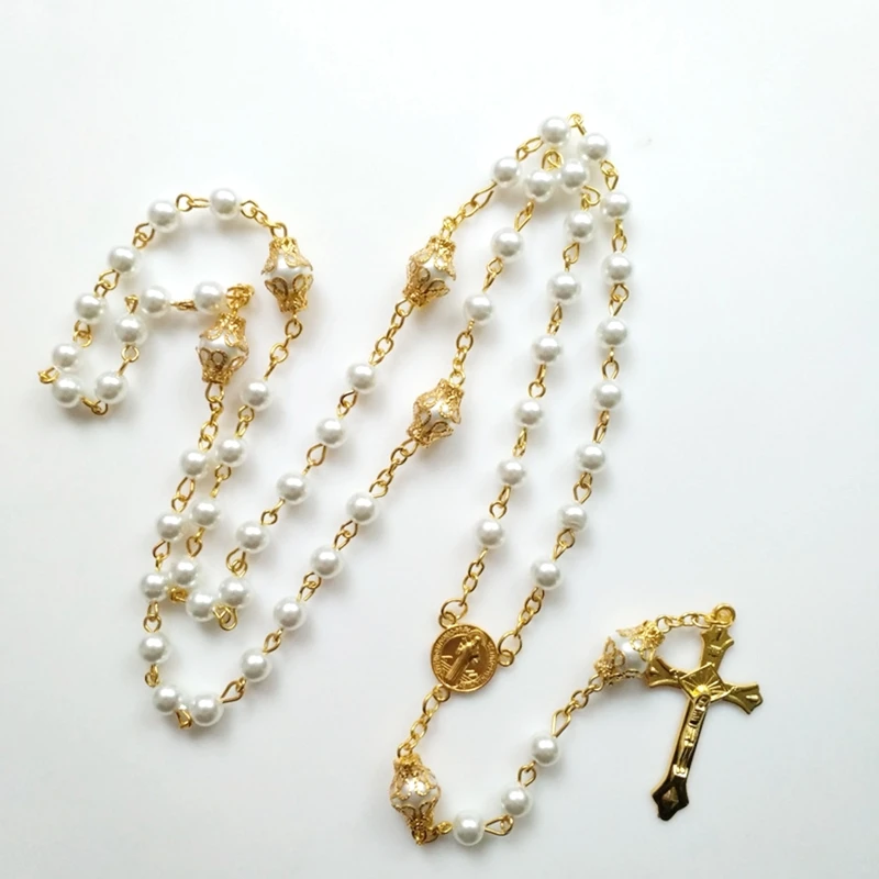 Vintage Pearl Beads Rosary Necklace Jesus Christ Crucifix for Cross Pendant Necklaces for Women Jewelry Charm Prayer Gifts