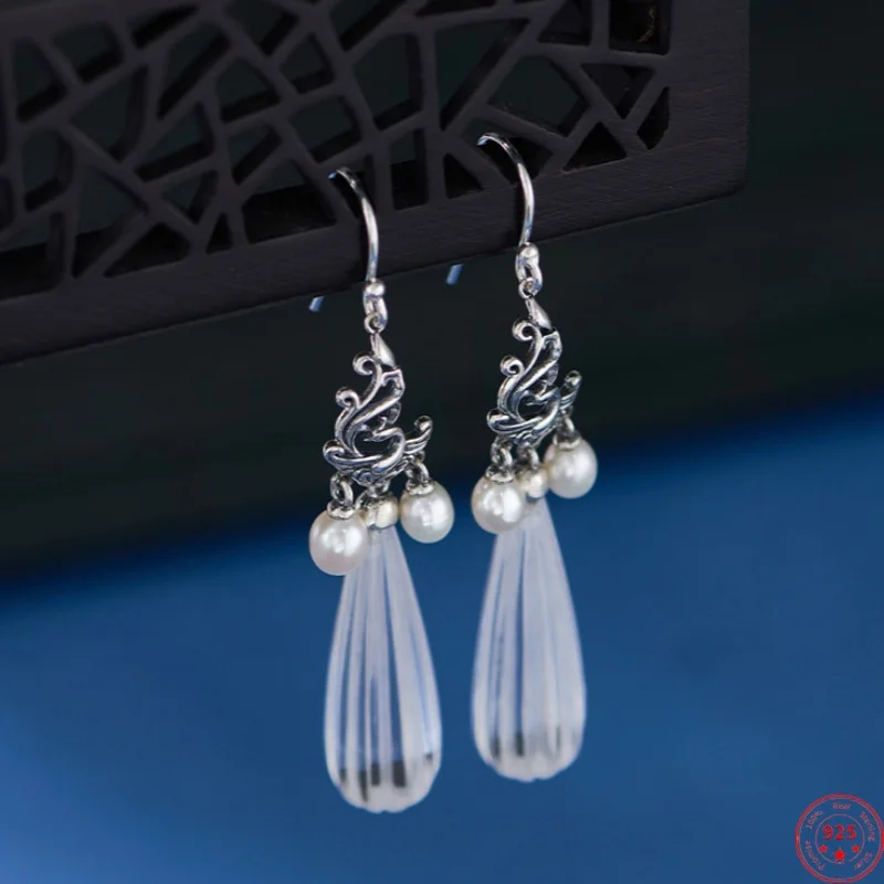 S925 Sterling Silver Charms Drop Earrings for Women New Hollow Phoenix Tassel White Crystal Pearl Ear Drop Jewelry