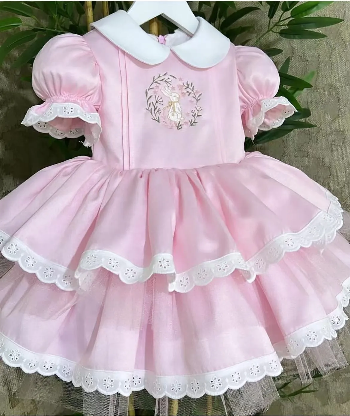 

0-12Y Baby Girl Summer Pink Rabbit Embroidery Vintage Princess Ball Gown Dress for Party Eid Birthday Usual Photograph B398