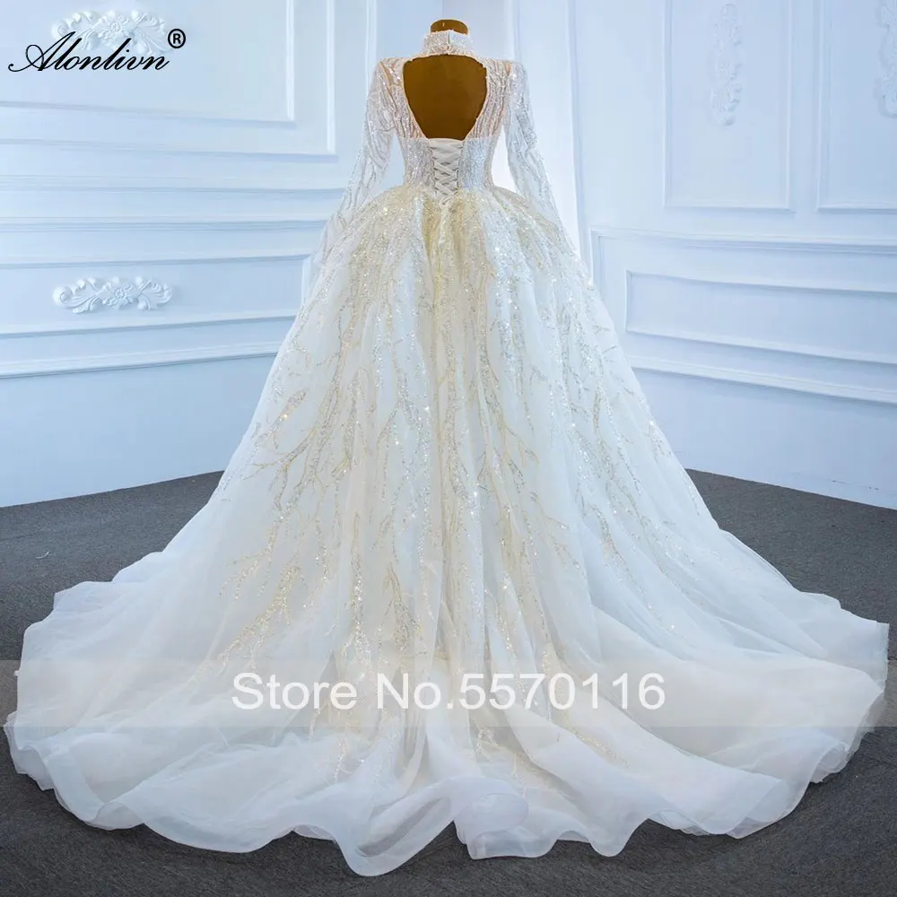 Alonlivn Luxury Bling Bling High Neckline Of A Line Wedding Dress Princess Sparkling Appliques Full Sleeves Bridal Dess