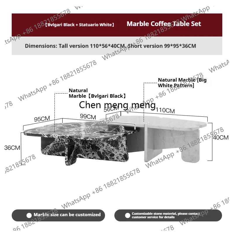 Designer Natural Marble Coffee Table Set, Italian Minimalist High-Low Nesting Tables for Small Living Room, Customizable