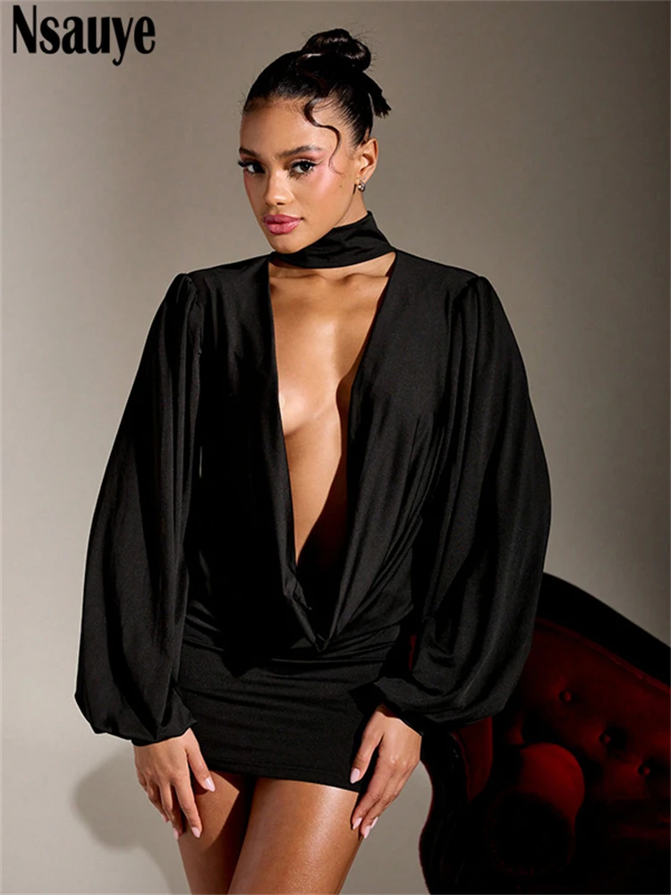 Nsauye المرأة كم طويل مثير النادي الليلي مساء حفلة فستان قصير منخفضة قطع الرسن أنيقة عطلة فساتين راقية صغيرة 2025