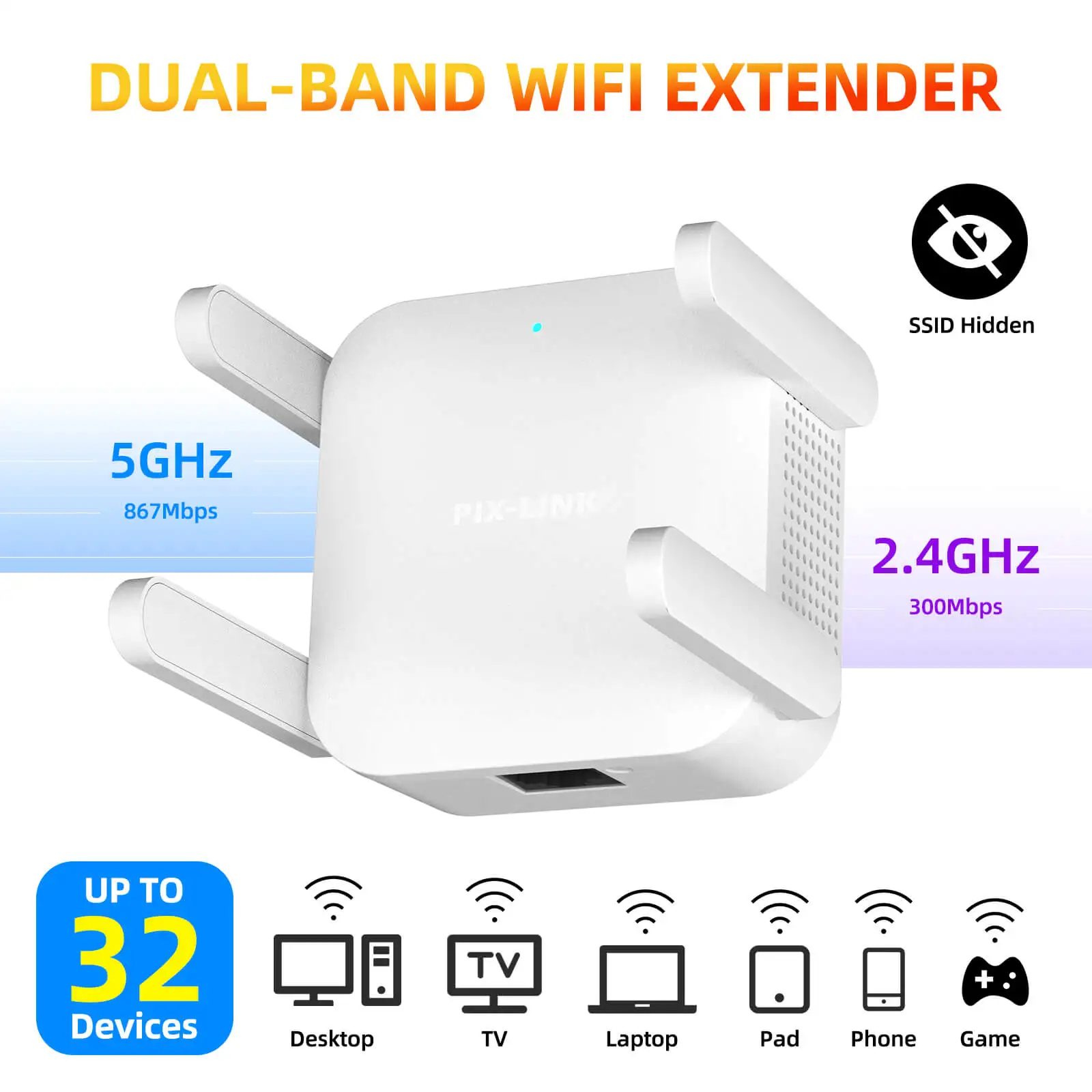 PIX-LINK AC28 New 1200M Dual Band WiFi Repeater Wireless Router  Wi-Fi Amplifier Range Extender Wall-Through Strong WiFi Booster