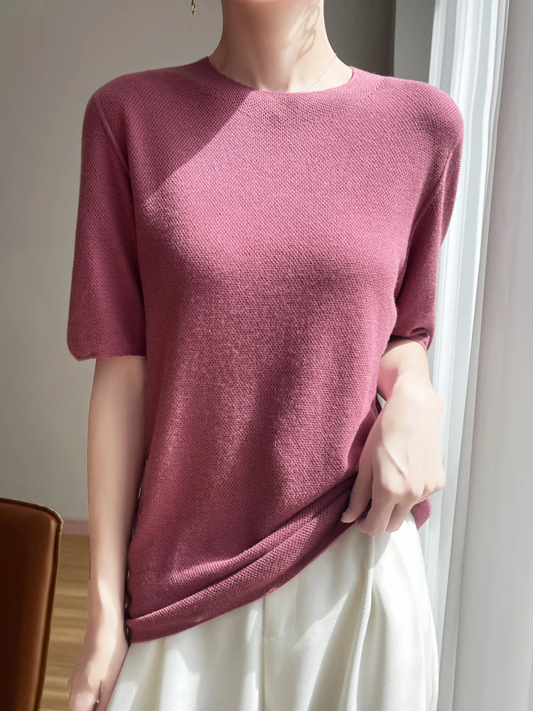 عادية الصيف النساء تي شيرت الحرير س الرقبة الصلبة الإناث بلوفر مغزول نصف كم رقيقة الملابس بلايز الأساسية تيز لينة ملابس خارجية