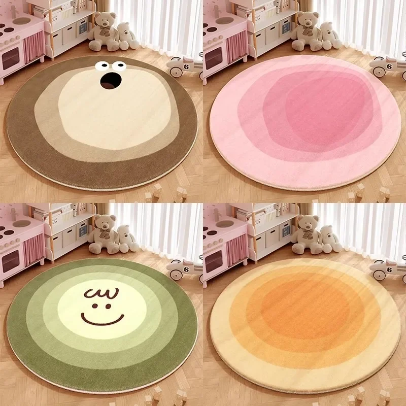 Pastel Green Round Kids Rug with Smiley Face Pattern Soft Kids Carpet for Childrens Room Playmat Non-Slip Floor Decor
