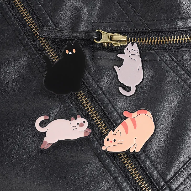 Lying Back Grey Cat Epoxy Enamel Pin Soft Minimalist Cartoon Style Round Lines for Jacket Canvas Bag Hat Cat Lover Gift