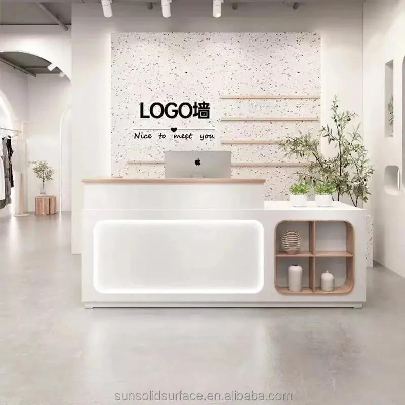 custom.Modern Fashion Corner Use Office Furniture Front Counter Reception Desk with Display Shelf and Customized LED