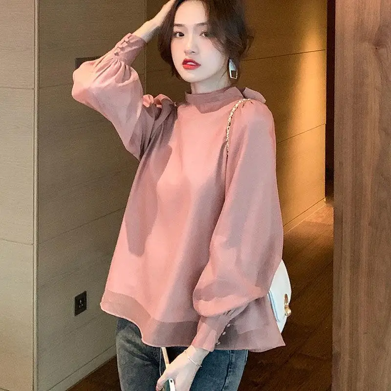Mulheres arco francês chiffon camisa 2025 primavera outono puff manga gola chiffon blusas femme all-match blusa elegante camisa