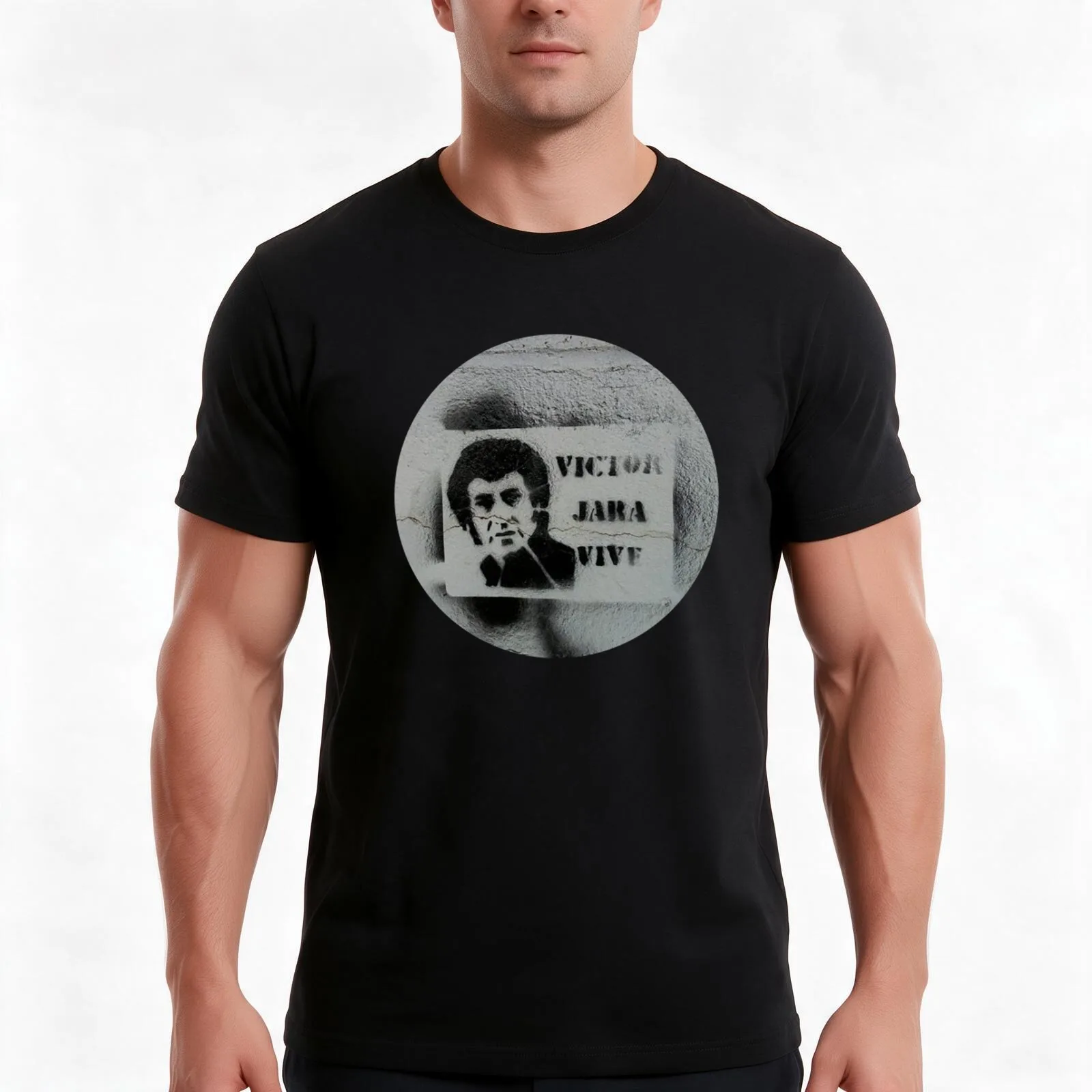 Victor Jara vive (wall stencil) T-Shirt, Summer Casual Cotton Tee, Oversized Streetwear Tops, Vintage Graphic Print, 100% Cotton