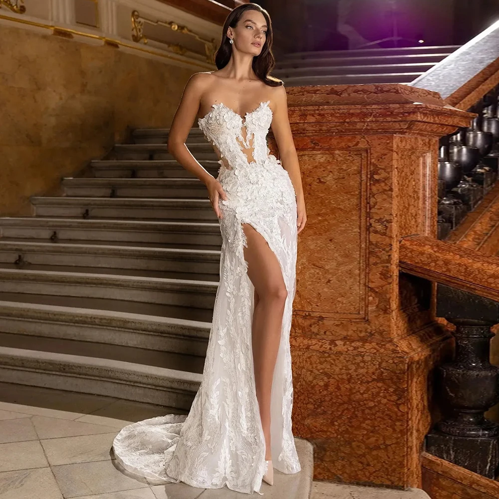 Luxus Spitze Meerjungfrau Hochzeit Kleid Vestidos De Novia Sexy Schatz Seite Schlitz Gericht Zug Brautkleider Angepasst Lace Up Zurück