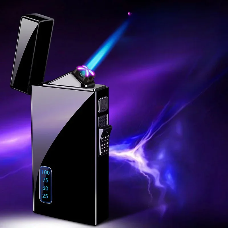 Electric Lighter Rechargeable Windproof Butane Refillable, Dual Arc and Blue Jet Flame, Type-C Cable, Gas Fuel Not Included