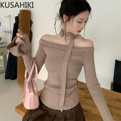 KUSAHIKI 2024 New Ruffled Off Shoulder Floral Ribbon Knitted Sweater Women's Flared Sleeves Slimming Base Knitwear Top