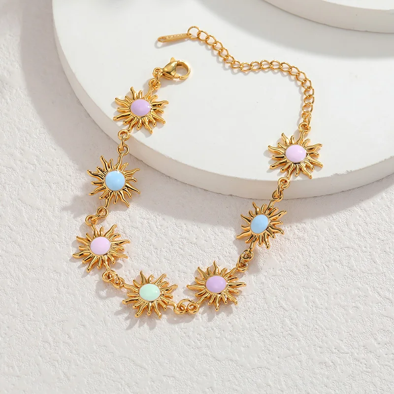 Letdiffery Official Store Distinctive Stainless Steel Necklace Colorful Sun Chain Bracelet Golden Fashion Jewelry Set for Women