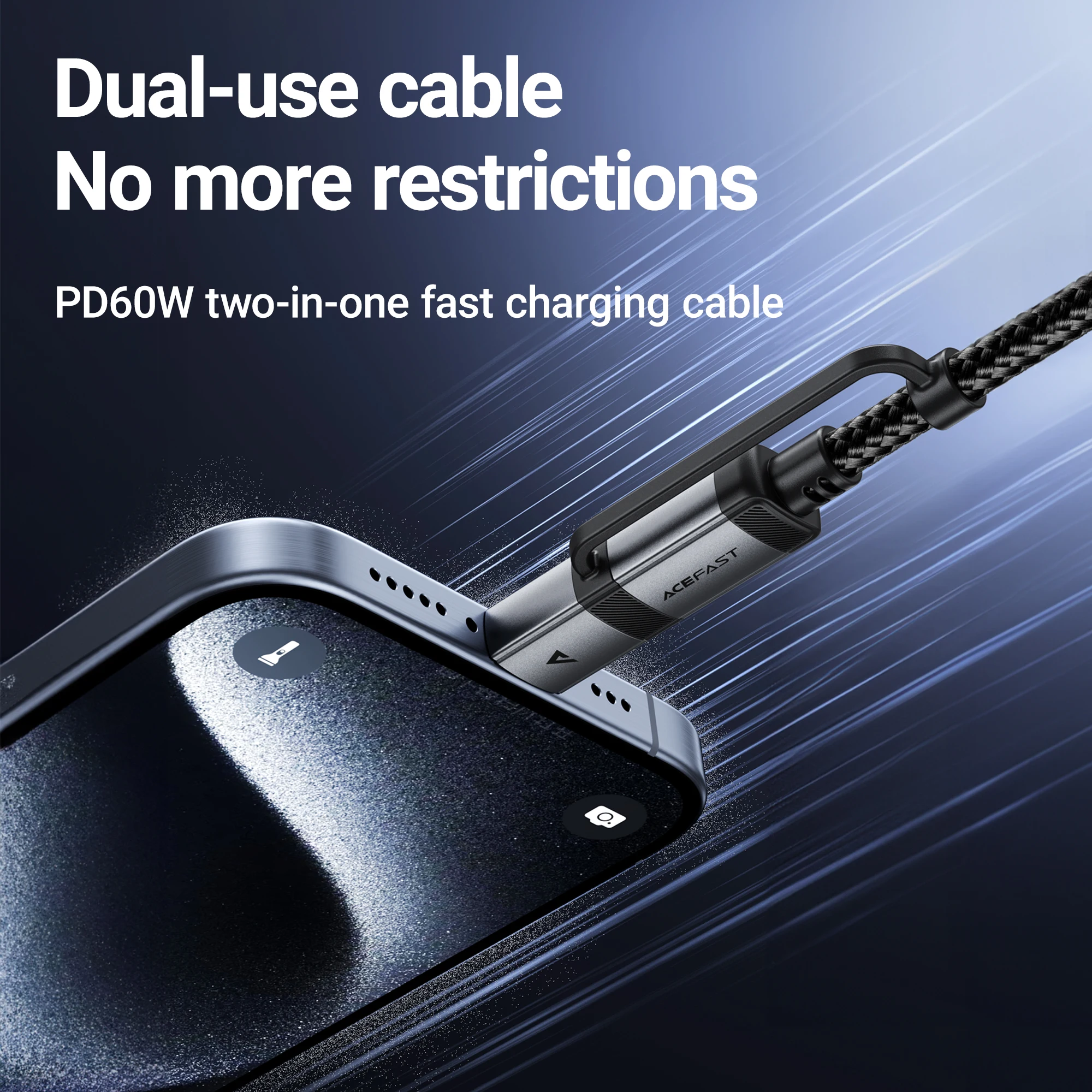 ACEFAST 2 в 1, сертифицированный MFi кабель USB-C к USB-C/Lightning для быстрой зарядки PD60W, телефонный кабель для iPhone 16/15 Pro Max, проводный шнур 1,2 м