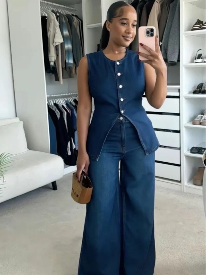 الشارع الشهير الدنيم 2 قطعة مجموعات النساء الزي الصيف ملابس النساء أكمام تانك القمم مستقيم الجينز بانت مجموعات ملابس رياضية غير رسمية