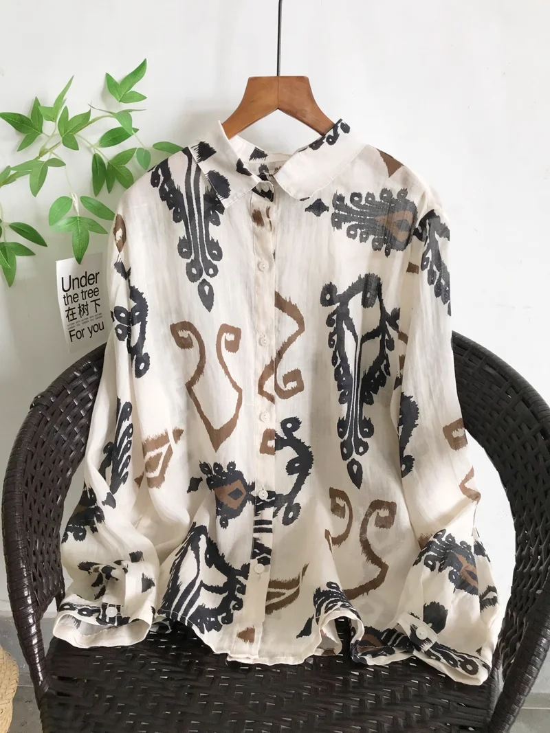

Ethnic shirts for women Japanese style autumn 100% ramie art geometric print blouses long sleeve tops female clothing