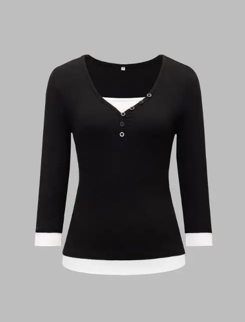 Camiseta feminina slim fit primavera moda y2k estilo clássico simples botão decoração falso design de duas peças camiseta de manga comprida