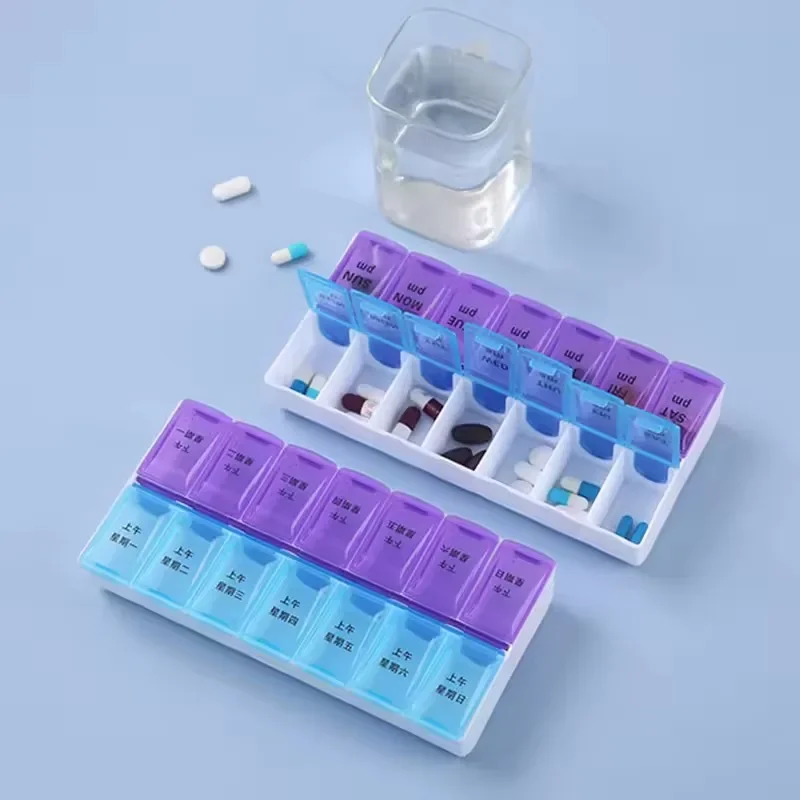 Pillendose 7-Tage-Wochen-Medikamenten-Aufbewahrungsbox Doppelreihig 14-Fächer-Tablettenspender Organizer mit Öffnungsdeckel Erste-Hilfe-Set-Behälter – Detail 10