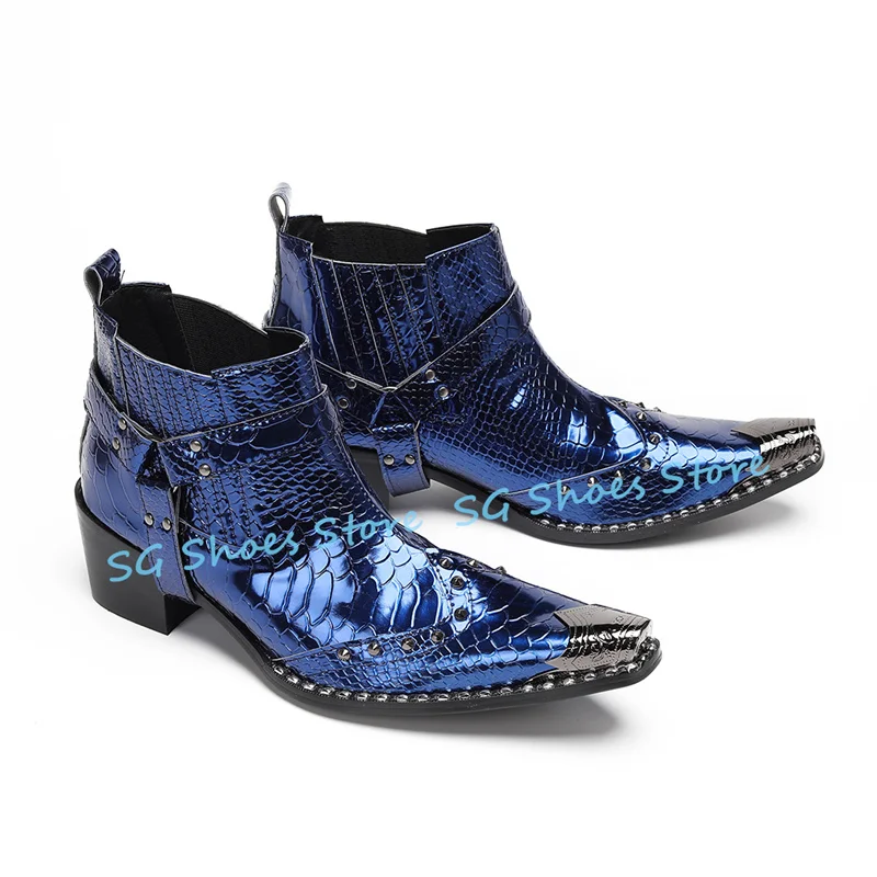 

Fashion Design Metal Pointed Toe Chunky Heel Boots for Men Rivet Belt Buckle Handamde Leather Chelsea Boots Male Dress Shoes