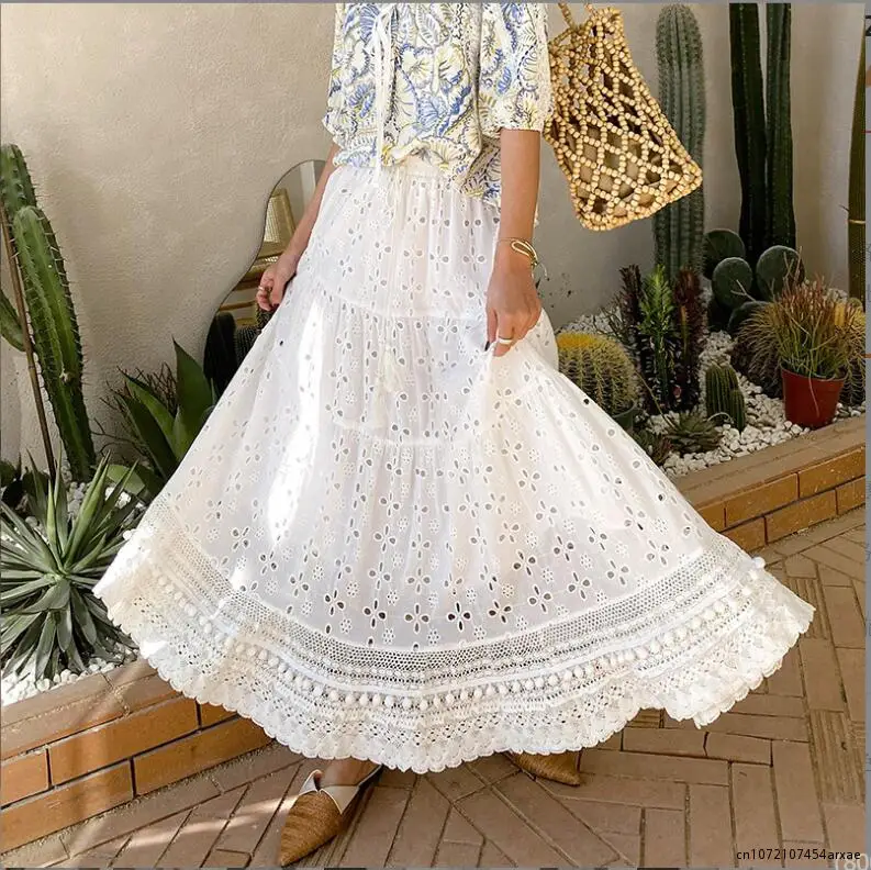 

Elegant Woman Embroidered Hollow-out White Skirt 2023 Summer New Korean Style Elastic Waist Drawstring Large Swing Skirts