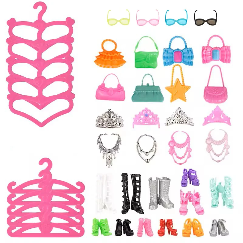 45 Item/Set Doll Accessories=5*Doll Clothes Dress+40*Doll Accessories Shoes Boots Necklaces Glasses Hangers etc For 11.5'' Dolls