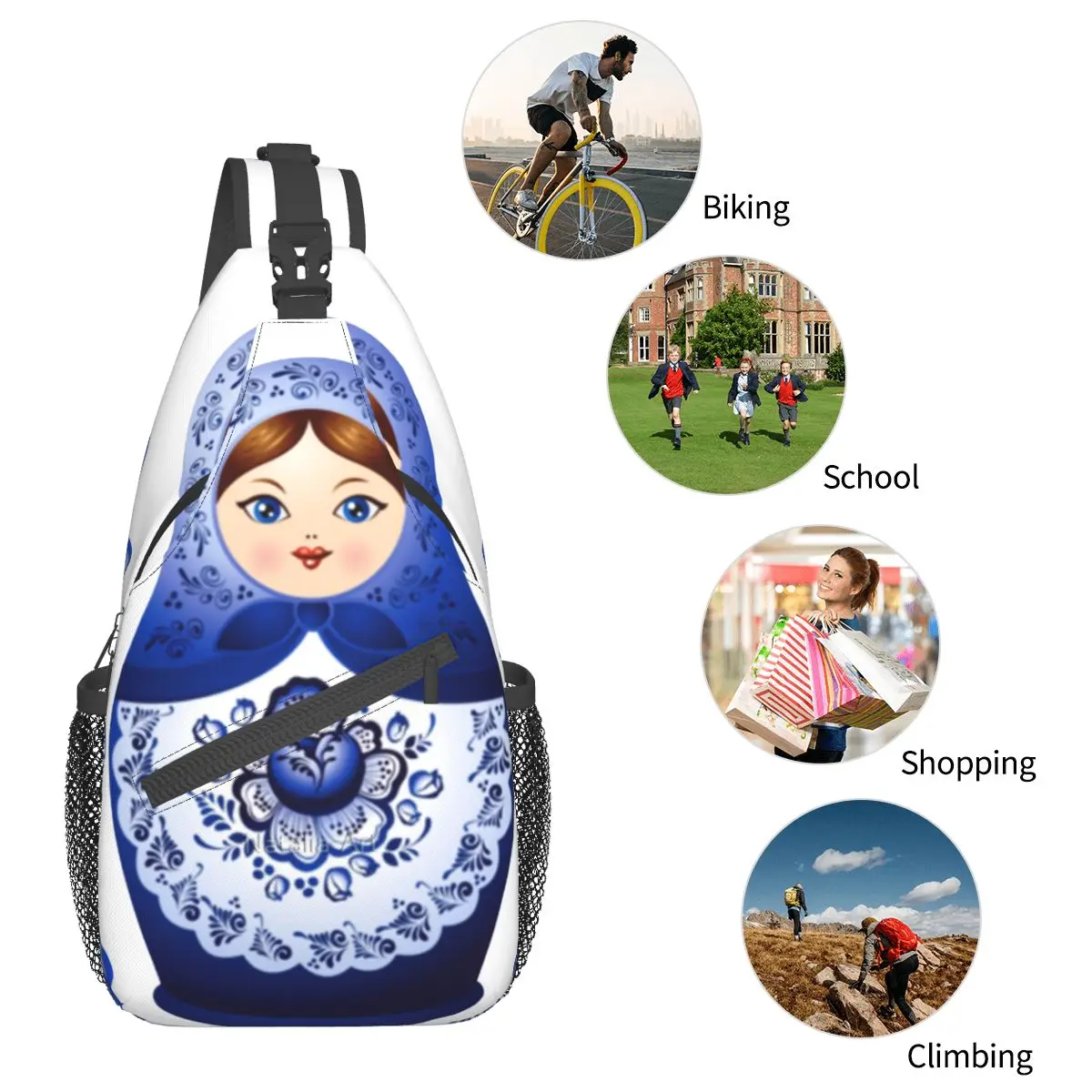 Matryoshka Doll Russian Gzhel Crossbody Sling Bags Small Chest Bag Khokhloma Shoulder Backpack Daypack for Hiking Outdoor Travel